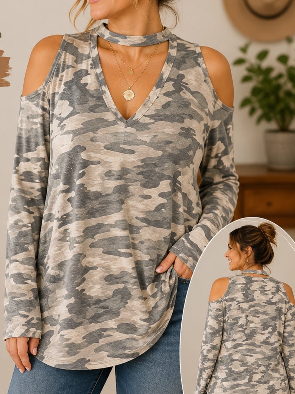 Women’s V-Neck Camo Long Sleeve Top with Mock Neck MEDIUM / SMALL